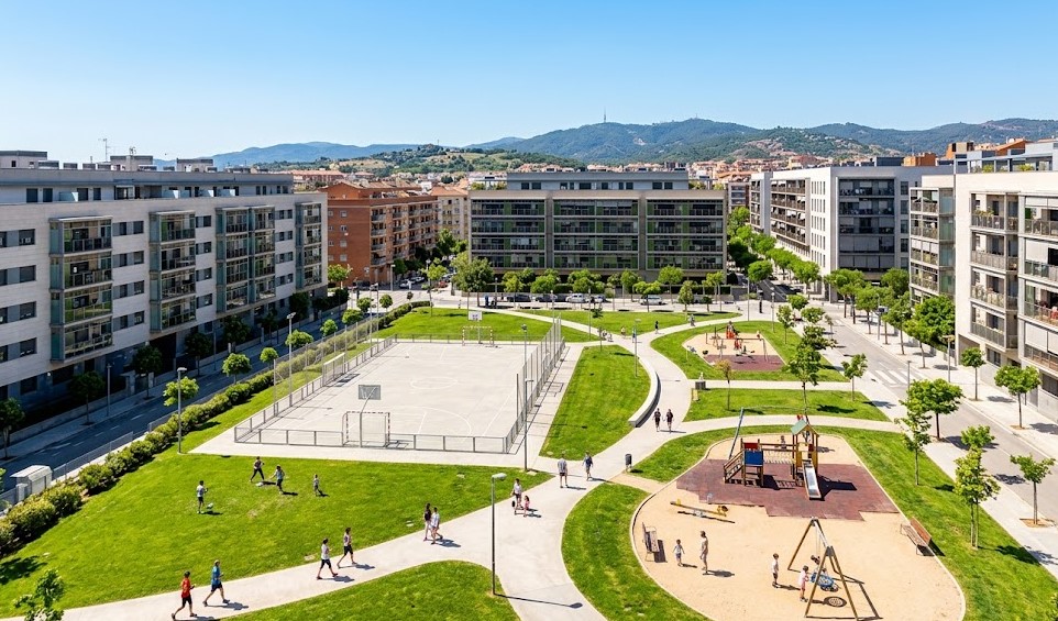 Vistas del Parc de les Grases, las instalaciones deportivas y los pisos residenciales en Sant Feliu